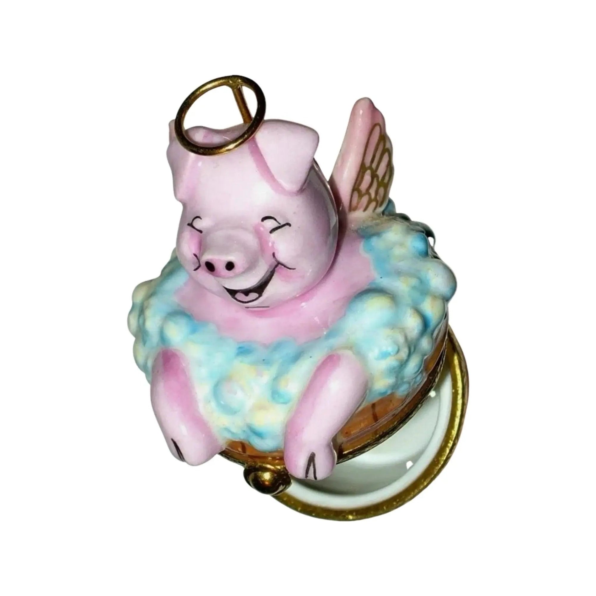 Angelic Pig In Washing Porcelain Limoges Angel Farm Animals French Trinket Box