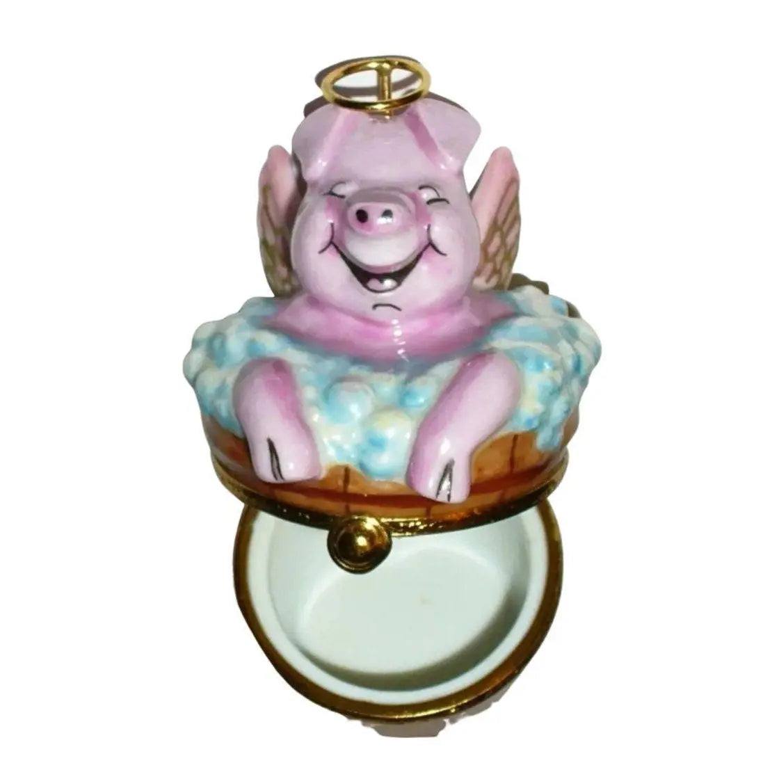 Angelic Pig In Washing Porcelain Limoges Angel Farm Animals French Trinket Box