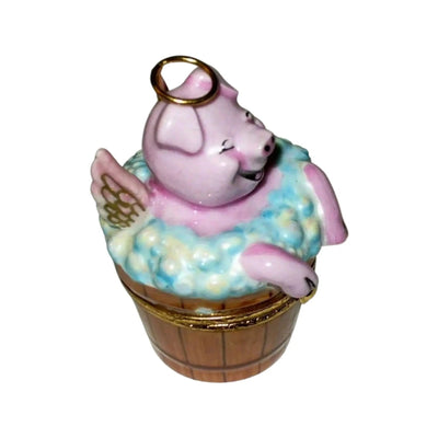 Angelic Pig In Washing Porcelain Limoges Angel Farm Animals French Trinket Box