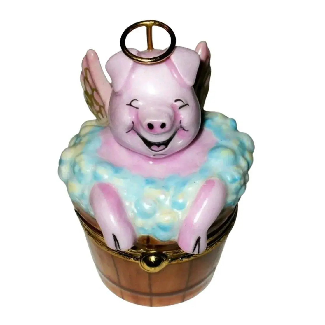 Angelic Pig In Washing Porcelain Limoges Angel Farm Animals French Trinket Box