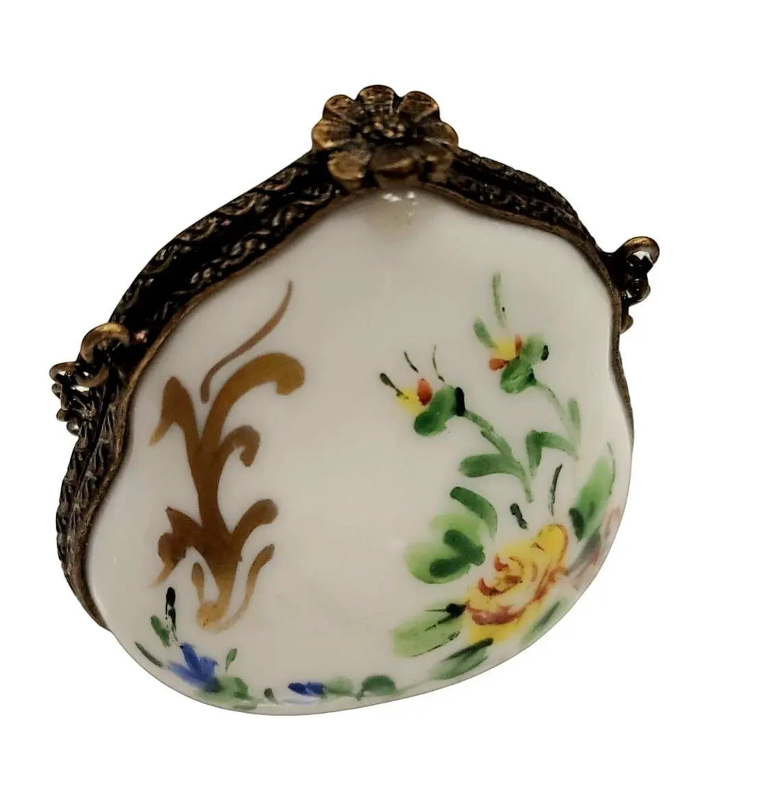 Antiqued Brass Yellow Purse Charm Porcelain Limoges purse trinket box limoges French Trinket Box