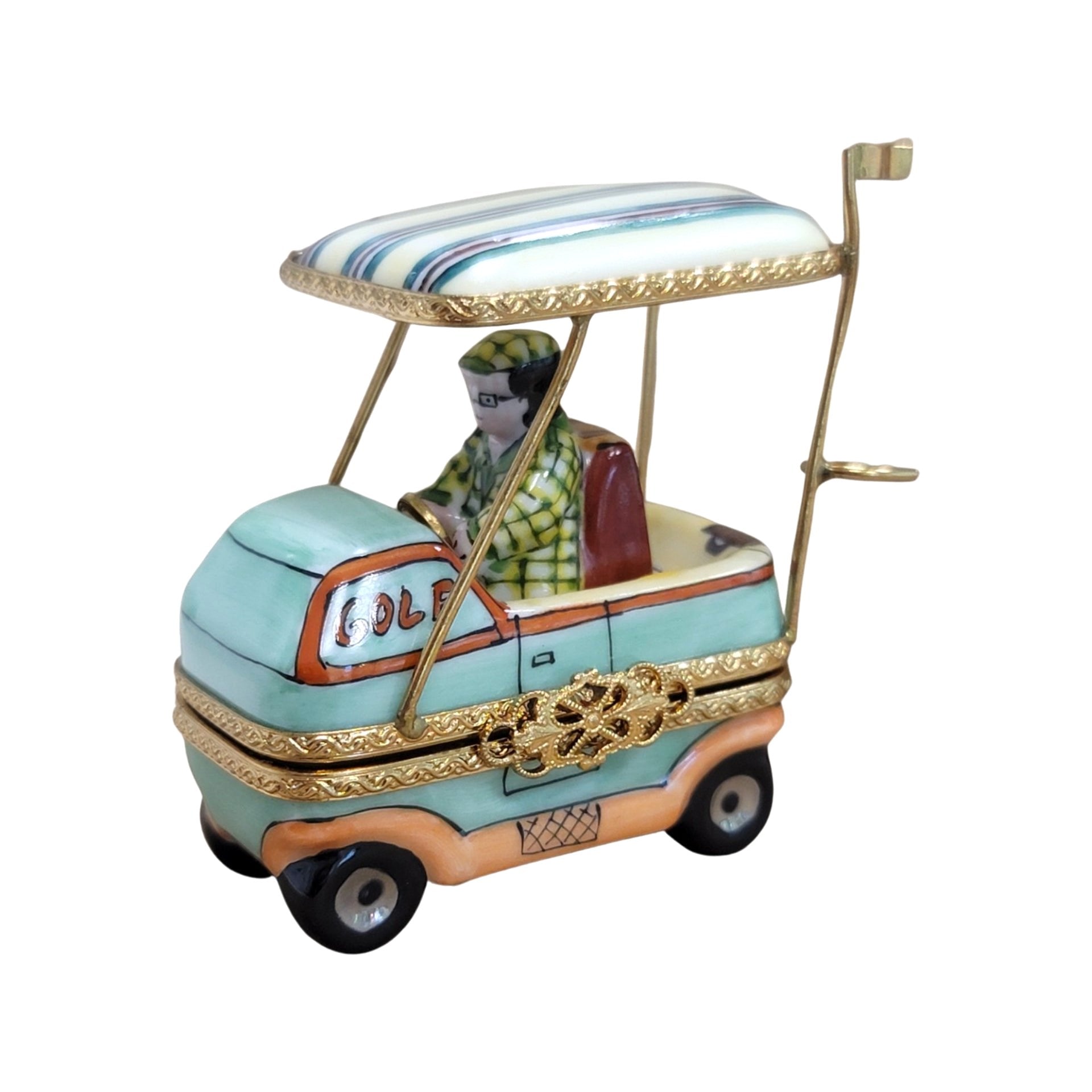 Aqua Man Golf Cart Figurine Porcelain Limoges sports golf limoges box French Trinket Box