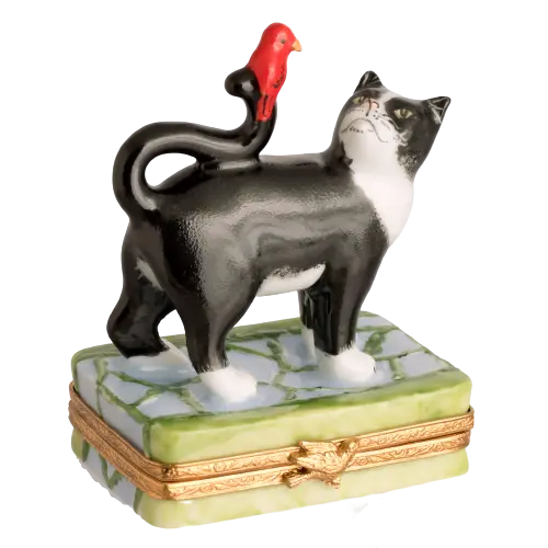 B And W Cat w Red Bird Porcelain Limoges Cat French Trinket Box