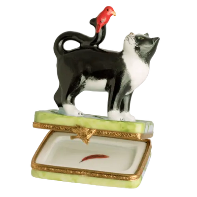 B And W Cat w Red Bird Porcelain Limoges Cat French Trinket Box