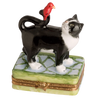 B And W Cat w Red Bird Porcelain Limoges Cat French Trinket Box