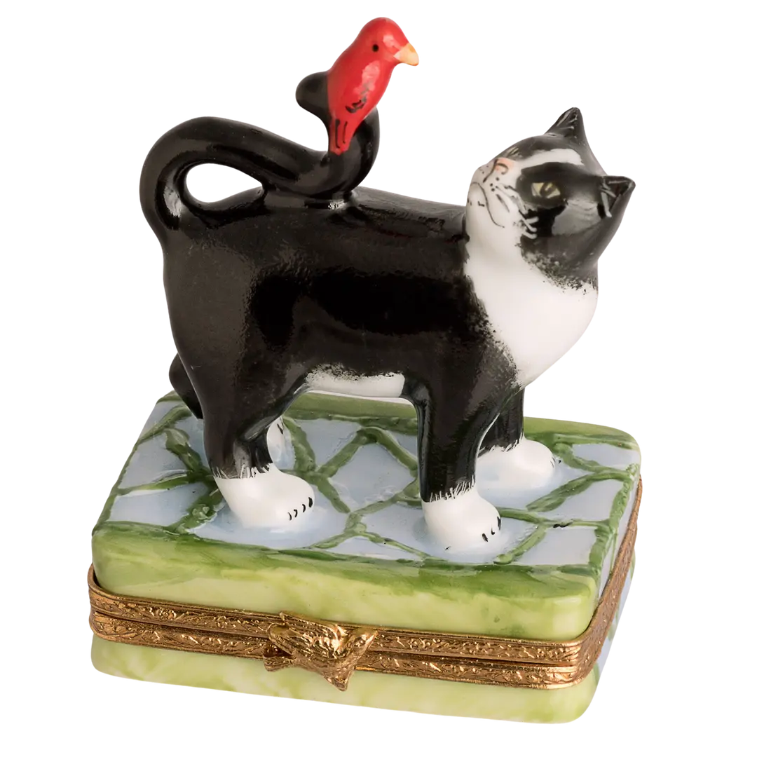 B And W Cat w Red Bird Porcelain Limoges Cat French Trinket Box