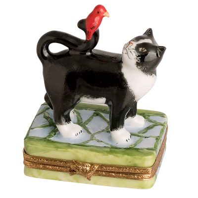 B And W Cat w Red Bird Porcelain Limoges Cat French Trinket Box