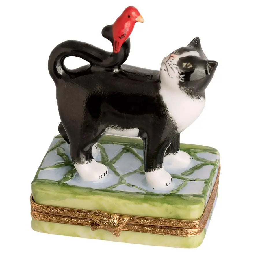 B And W Cat w Red Bird Porcelain Limoges Cat French Trinket Box