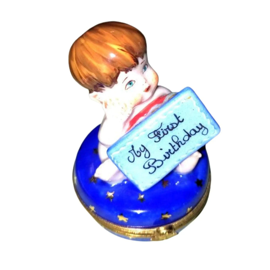 Baby Boy First Birthday Keepsake Porcelain Limoges Babies Figurine French Trinket Box