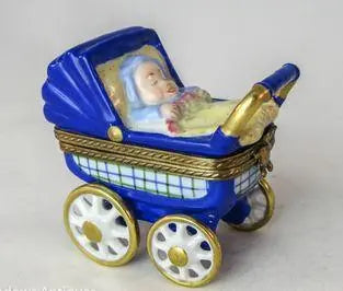 Baby Carriage Blue Porcelain Limoges Babies Figurine French Trinket Box