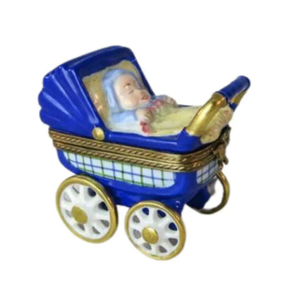 Baby Carriage Blue Porcelain Limoges Babies Figurine French Trinket Box