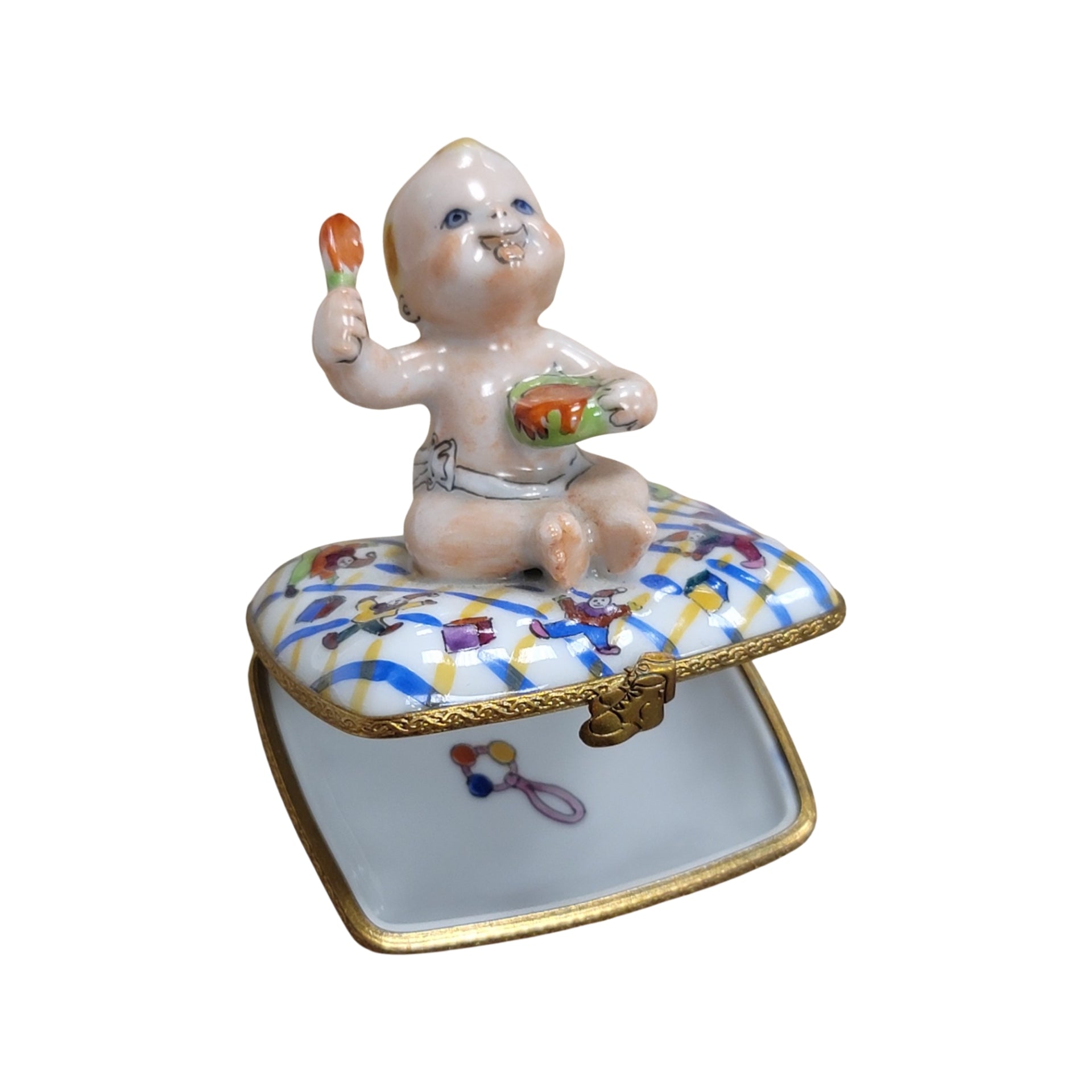 Baby Dining Delight Figurine Porcelain Limoges Babies Figurine French Trinket Box