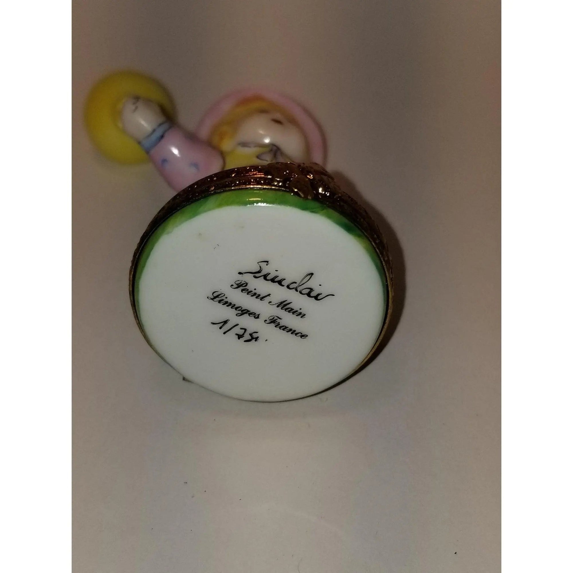 Baby Girl with Yellow Balloon Porcelain Limoges baby carnival French Trinket Box