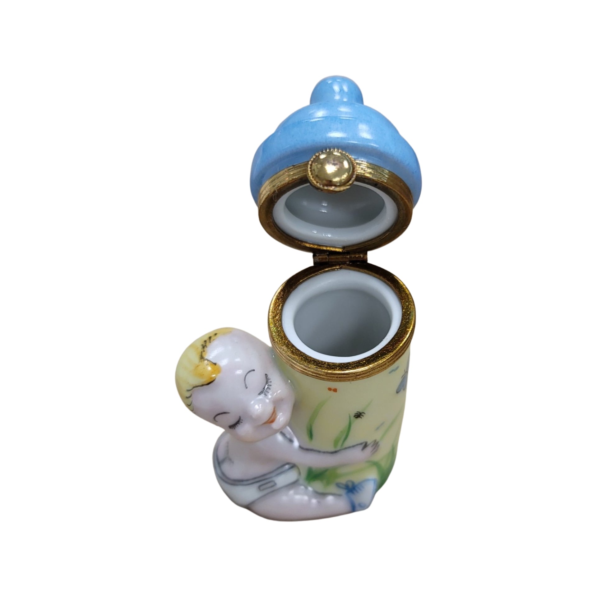 Baby With Blue Bottle Figurine Porcelain Limoges Limoges Boxes baby figurine maternity French Trinket Box