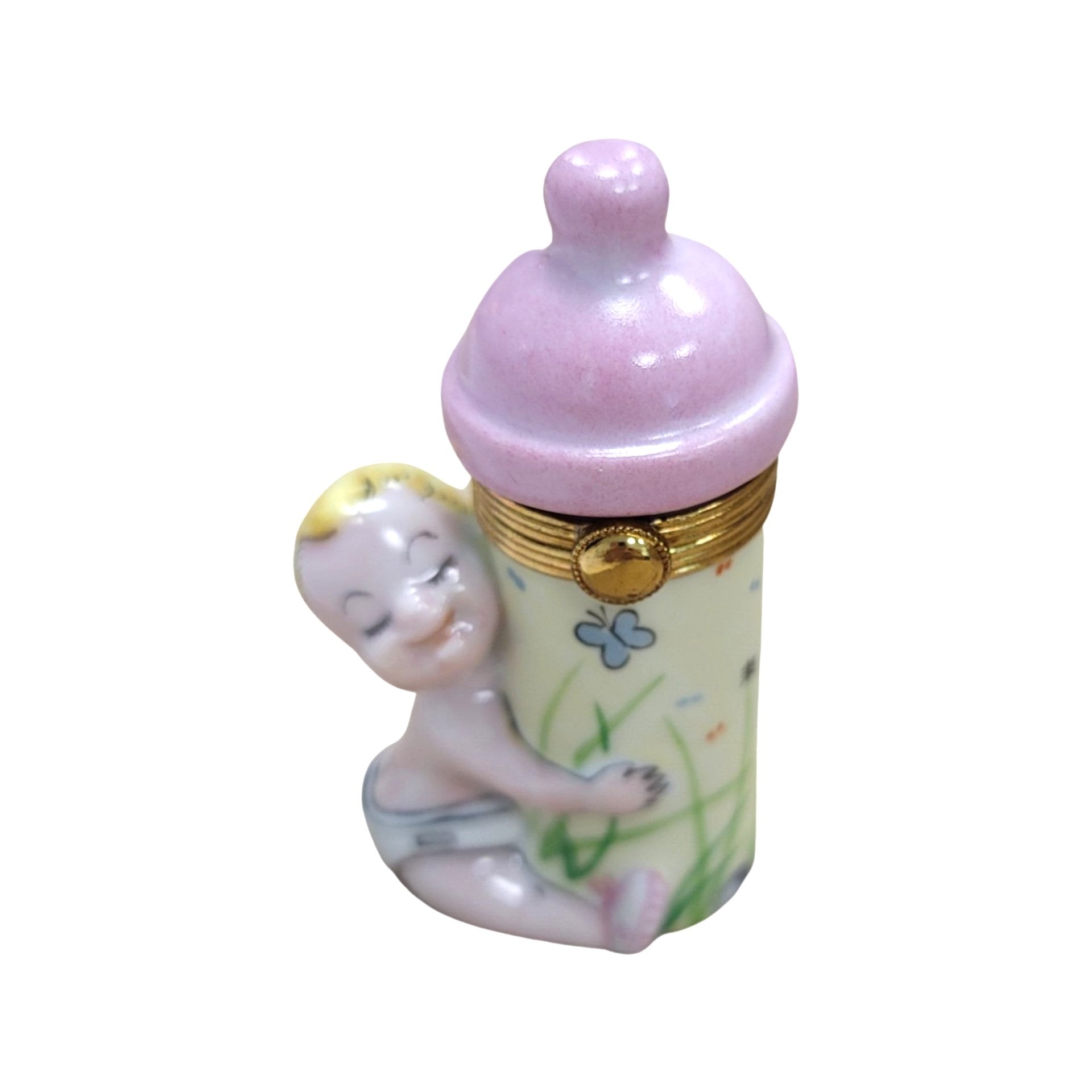 Baby With Pink Bottle Figurine Porcelain Limoges Limoges Boxes baby figurine maternity French Trinket Box