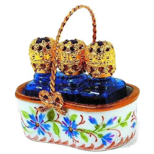 Basket w 3 Bottles es Porcelain Limoges Perfume French Trinket Box