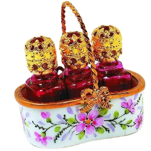 Basket w 3 Perfume Bottles Porcelain Limoges Perfume French Trinket Box
