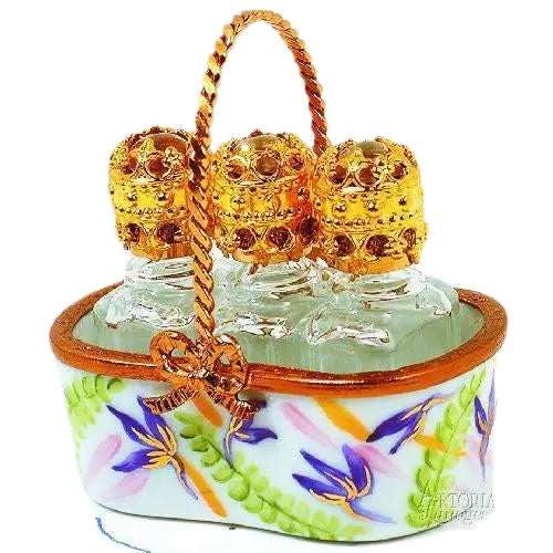 Basket w 3 Perfume Bottles Porcelain Limoges Perfume French Trinket Box