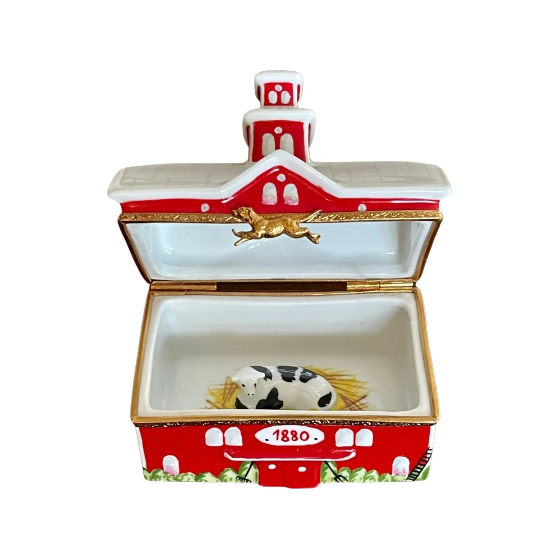 Big Red Barn w Cow Porcelain Limoges Farm Animals French Trinket Box