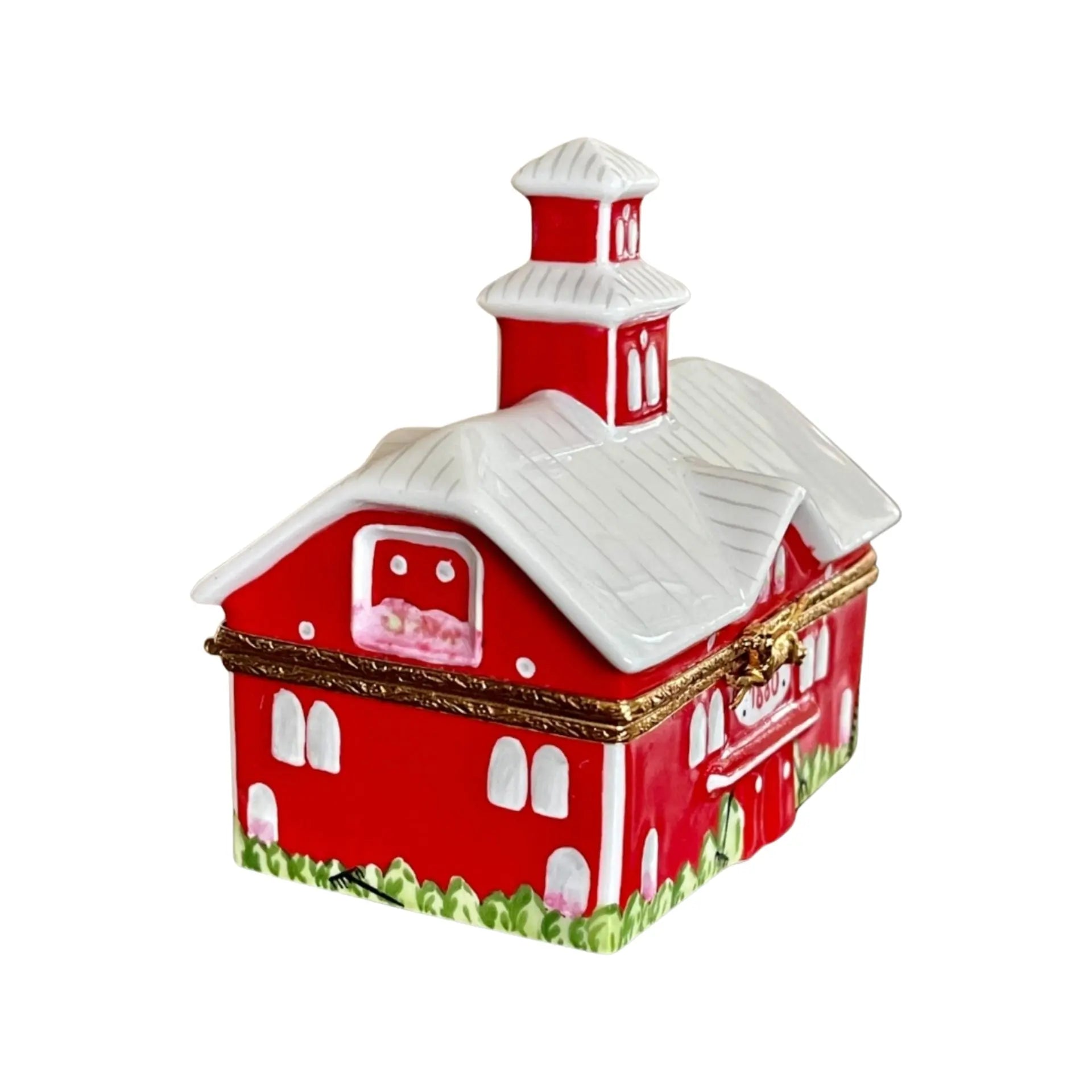 Big Red Barn w Cow Porcelain Limoges Farm Animals French Trinket Box