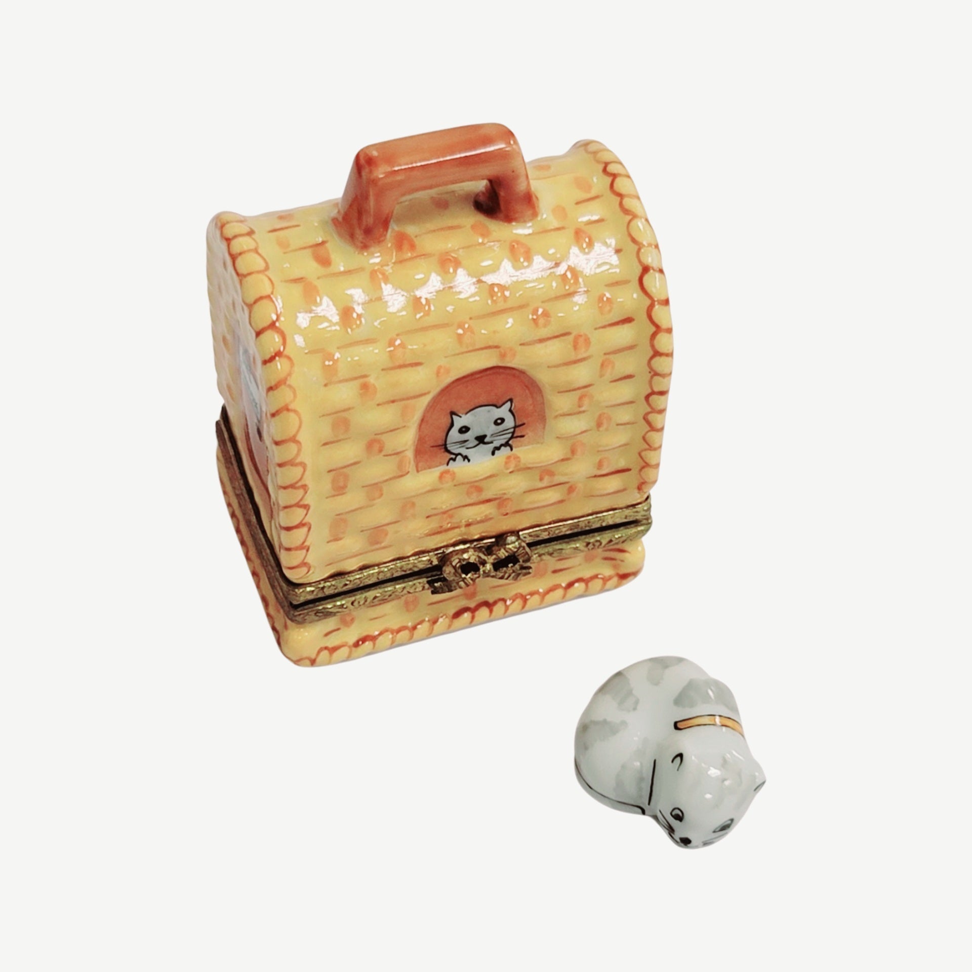 Black Cat Carrier Figurine Porcelain Limoges Cat French Trinket Box