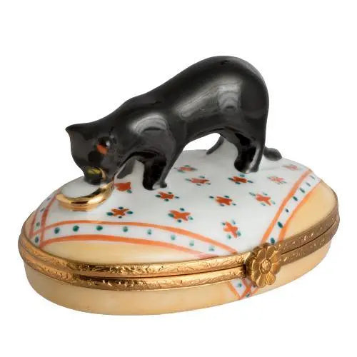 Black Cat w Gold Dish Porcelain Limoges Cat French Trinket Box