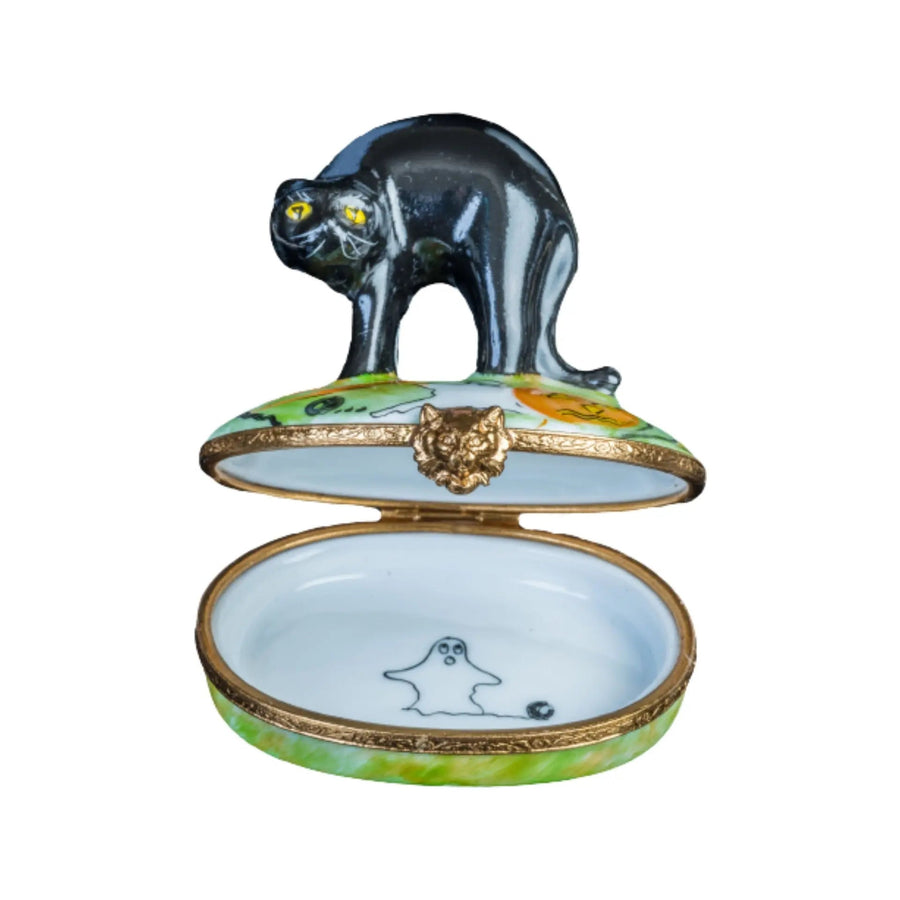 Black Halloween Cat Porcelain Limoges Cat Halloween French Trinket Box