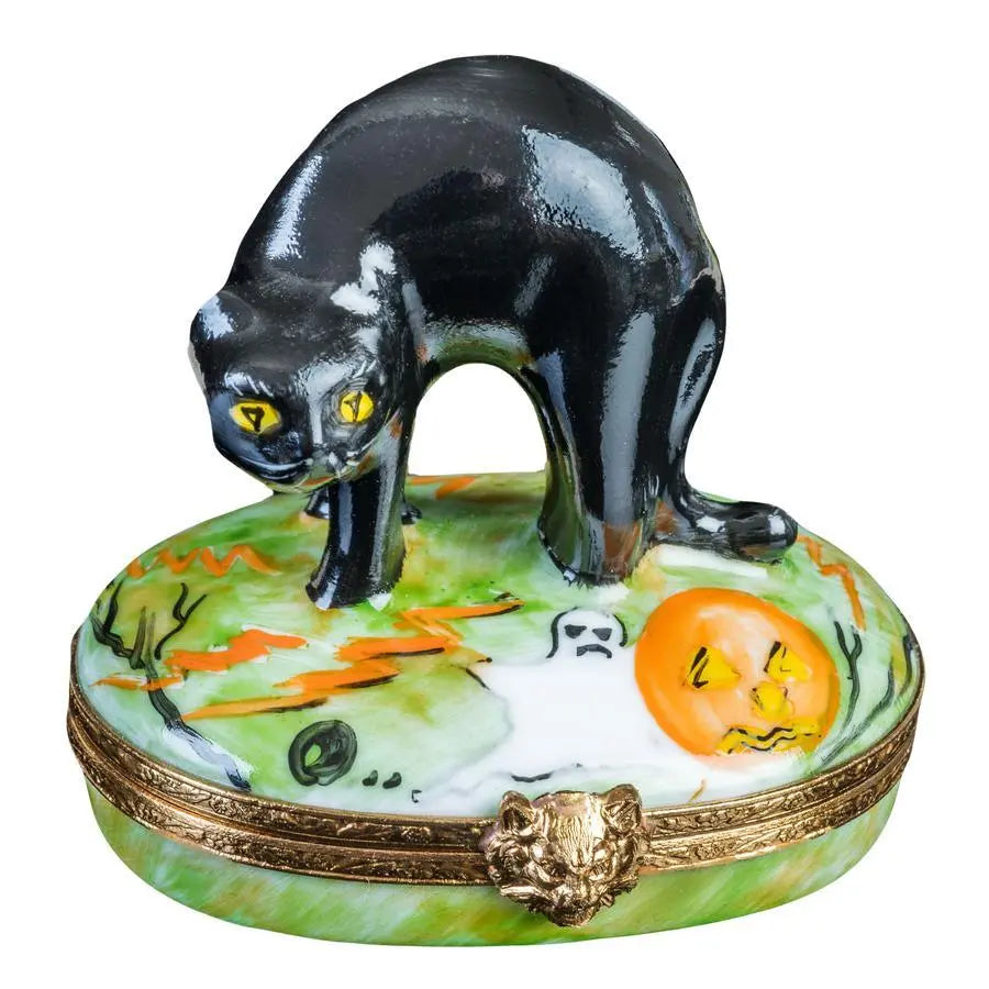 Black Halloween Cat Porcelain Limoges Cat Halloween French Trinket Box