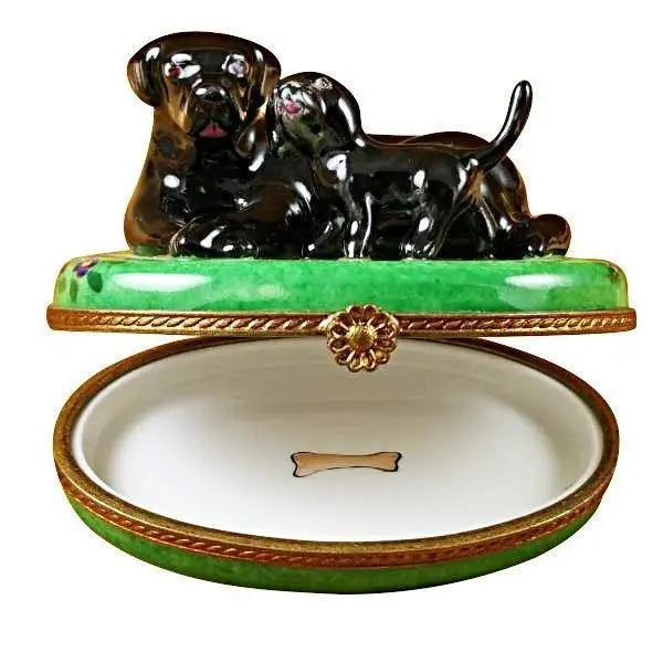 Black Labrador And Puppy Limoges box, hand-painted porcelain made in France