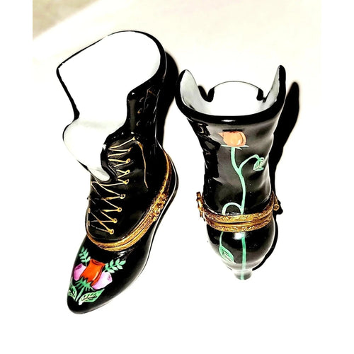 Black Rose Victorian Boot Limoges Porcelain Limoges shoes French Trinket Box