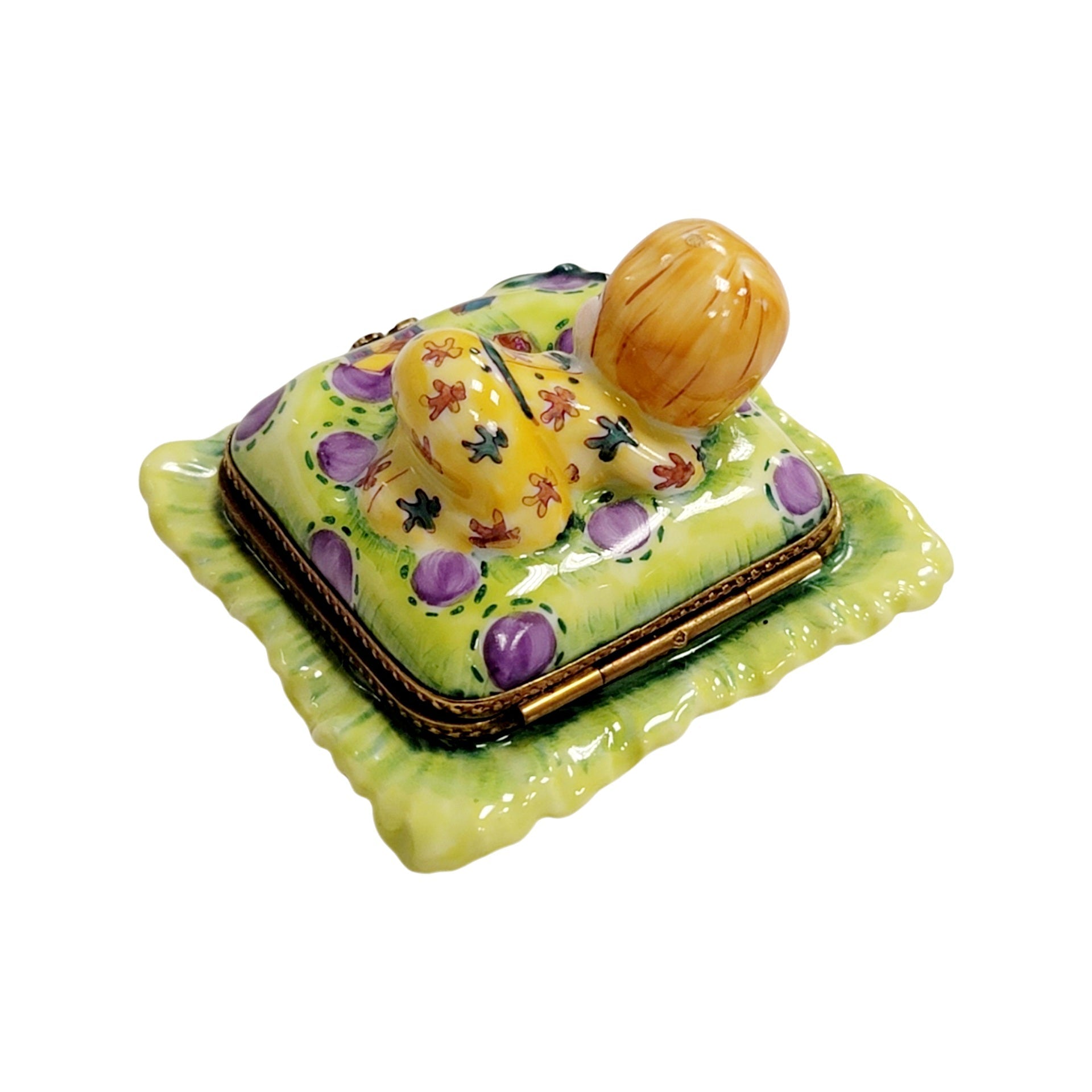 Blond Baby Doll on Pillow Porcelain Limoges baby figurine French Trinket Box