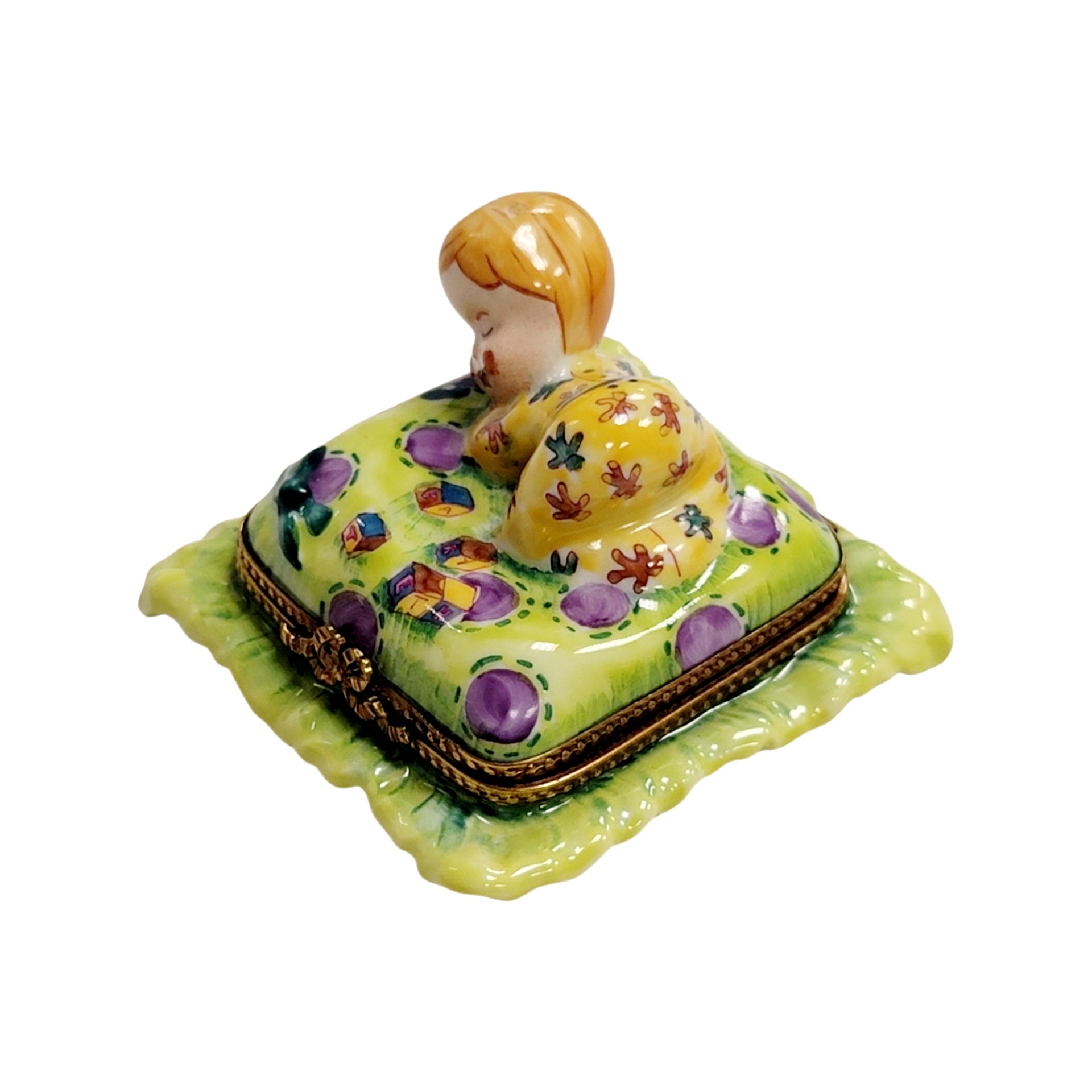 Blond Baby Doll on Pillow Porcelain Limoges baby figurine French Trinket Box