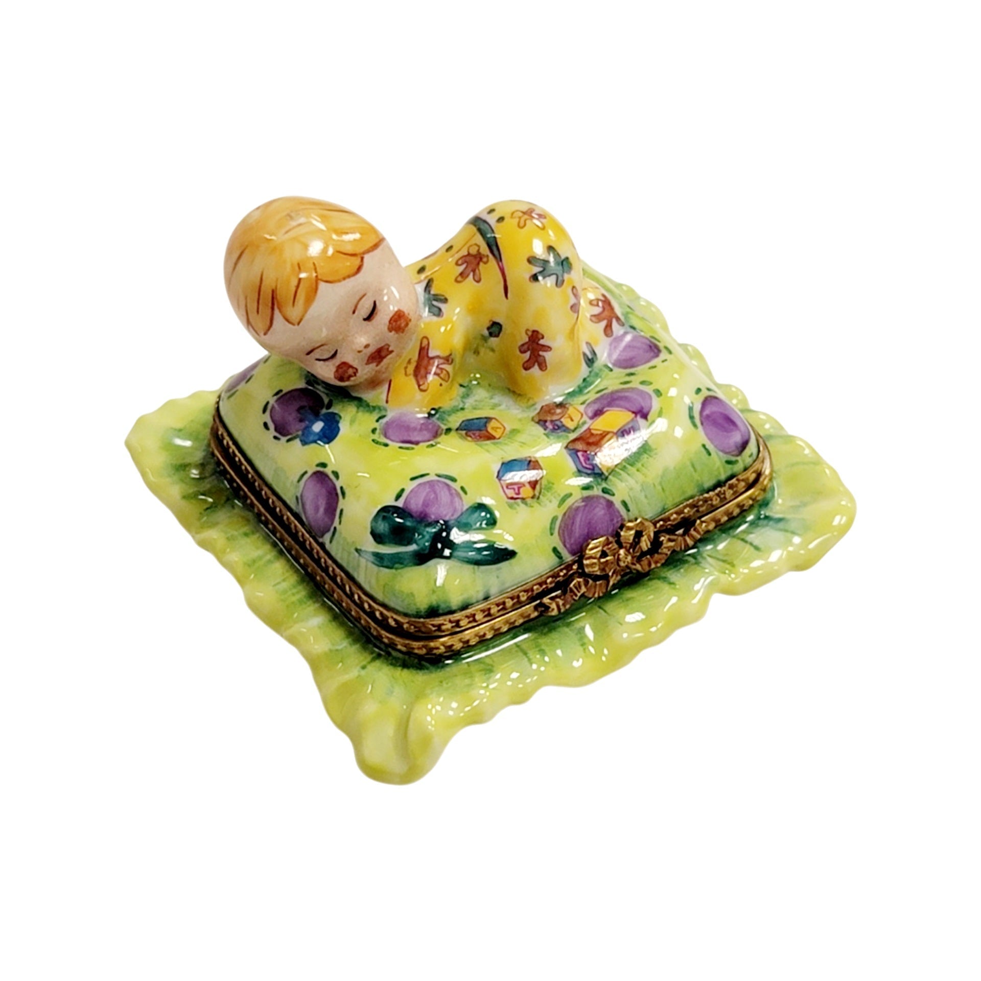 Blond Baby Doll on Pillow Porcelain Limoges baby figurine French Trinket Box