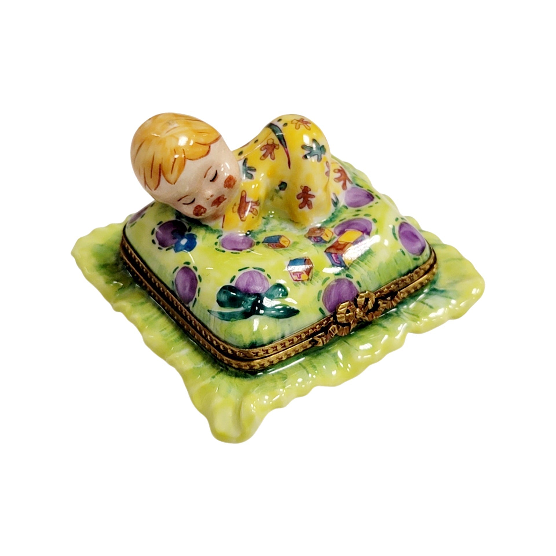 Blond Baby Doll on Pillow Porcelain Limoges baby figurine French Trinket Box