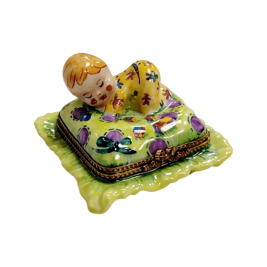 Blond Baby Doll on Pillow Porcelain Limoges baby figurine French Trinket Box