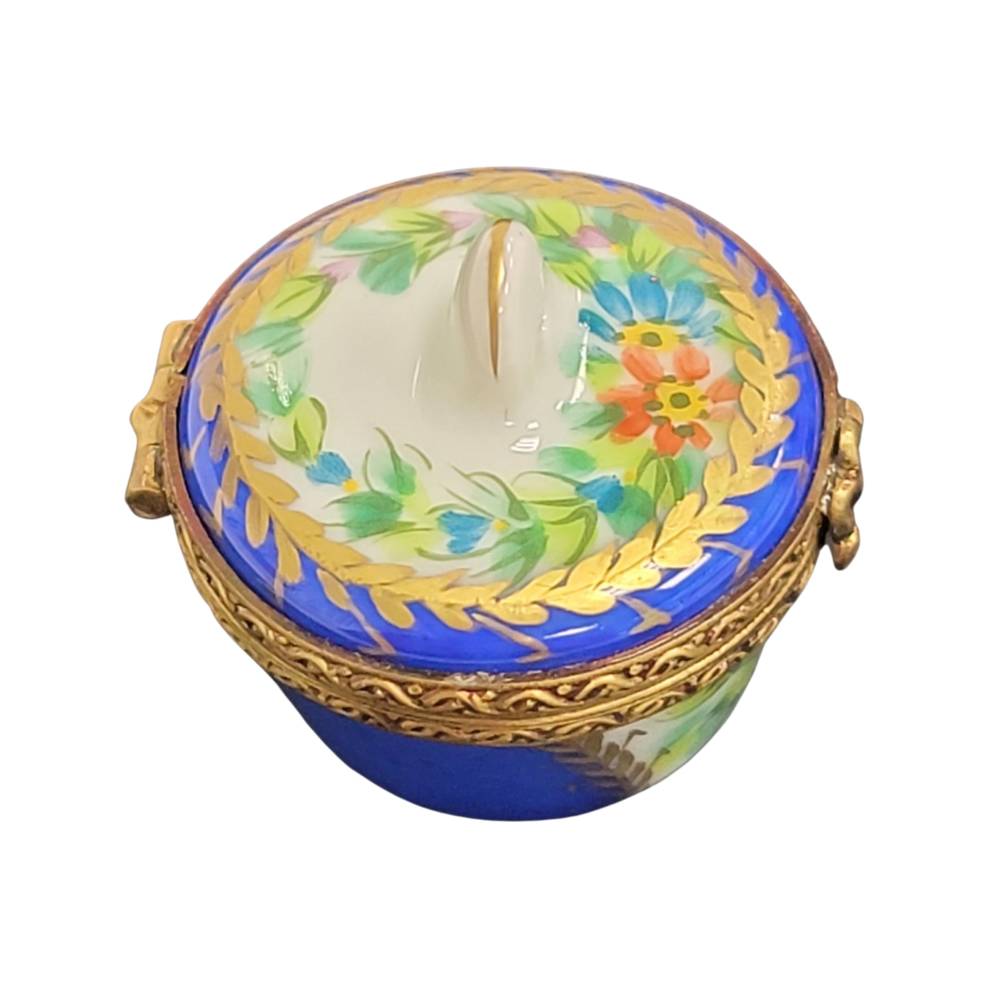 Blue Crown Top Pill Box Porcelain Limoges traditional French Trinket Box