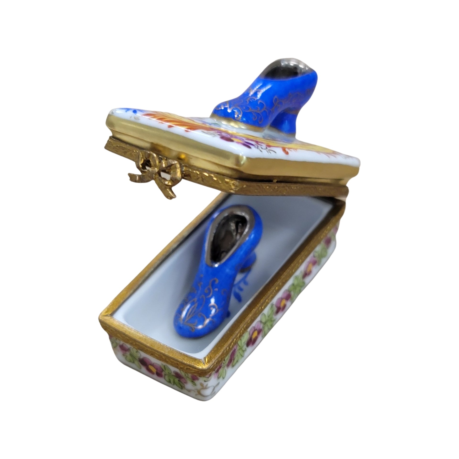 Blue Floral Elegance Shoes Box Porcelain Limoges shoes fashion figurine LIMOGES BOXES French Trinket Box