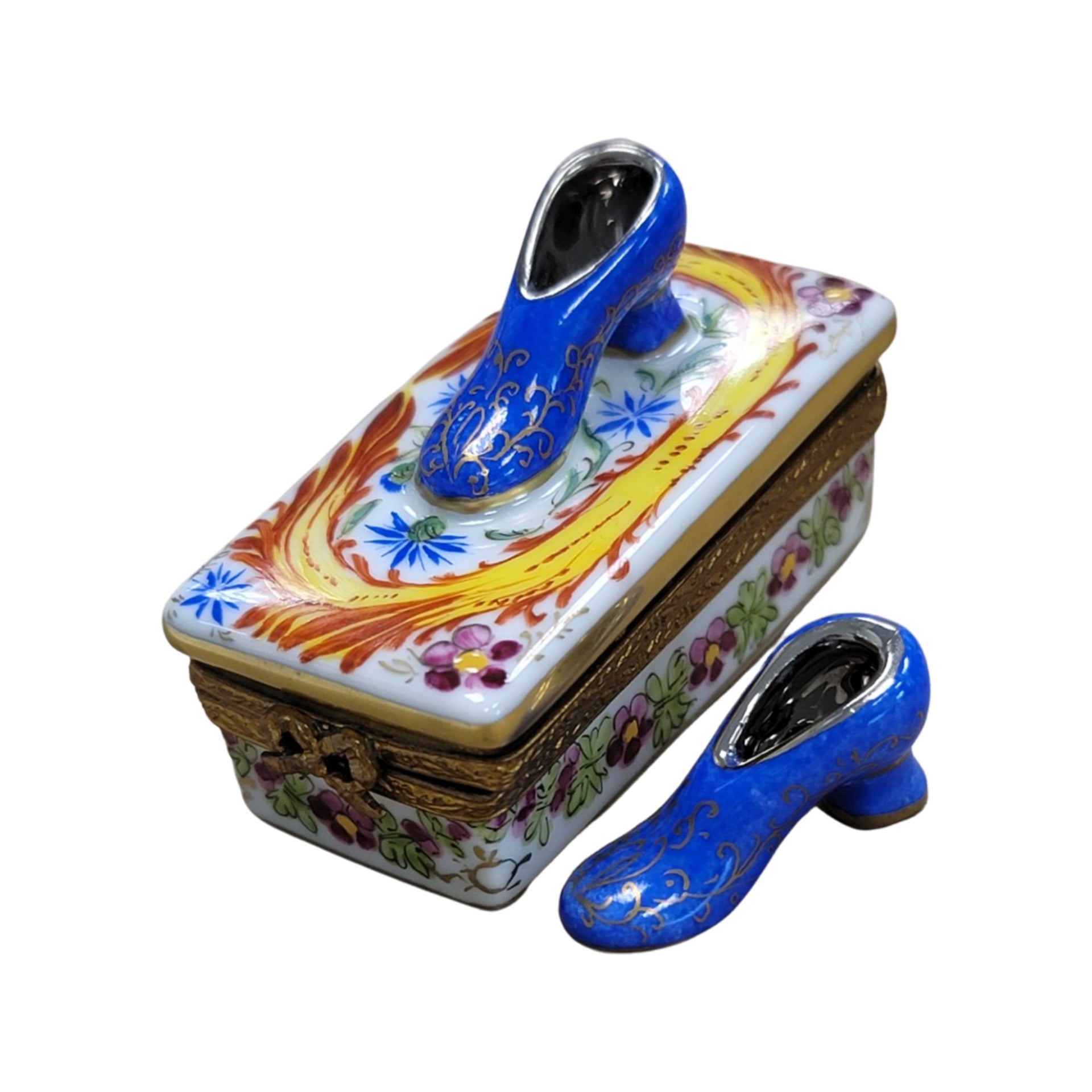 Blue Floral Elegance Shoes Box Porcelain Limoges shoes fashion figurine LIMOGES BOXES French Trinket Box