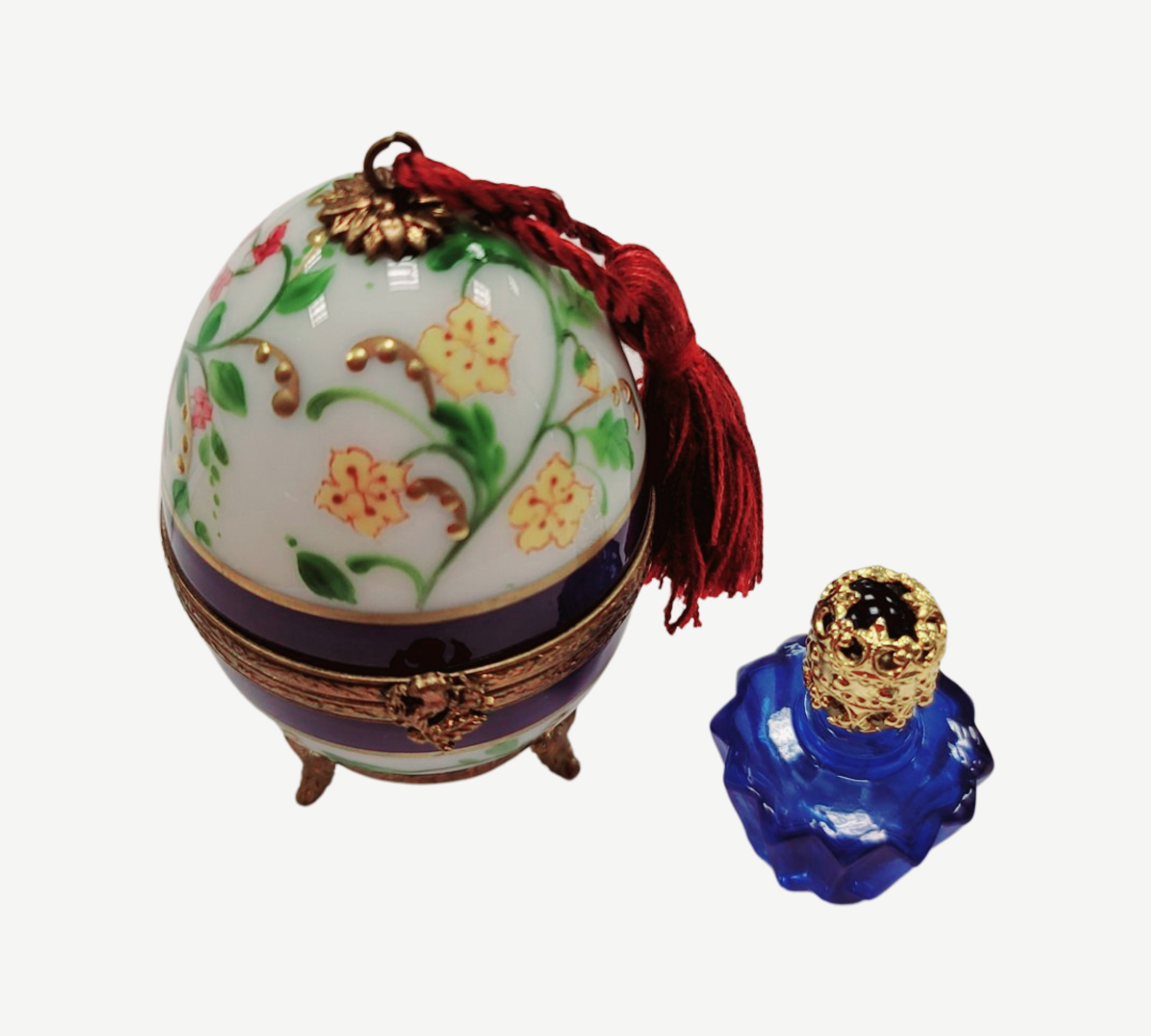 Blue Floral Perfume Egg Porcelain Limoges perfume egg French Trinket Box