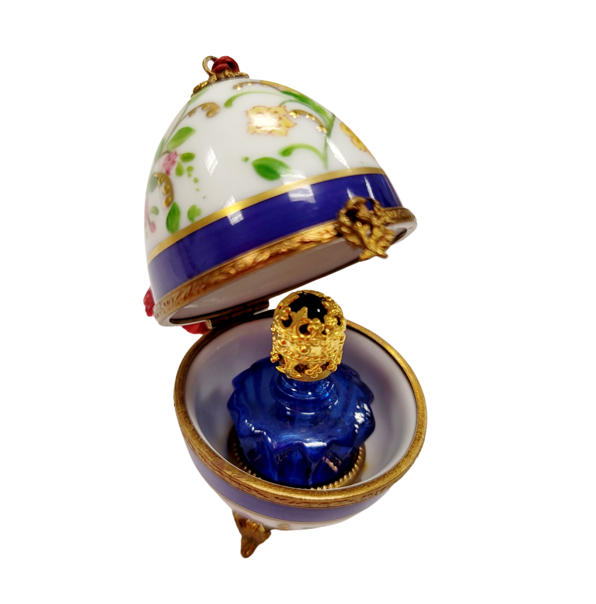 Blue Floral Perfume Egg Porcelain Limoges perfume egg French Trinket Box