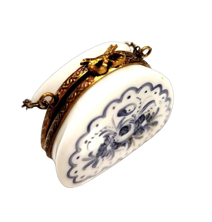 Blue Flowers Hand Painted Purse Porcelain Limoges purse trinket box French Trinket Box