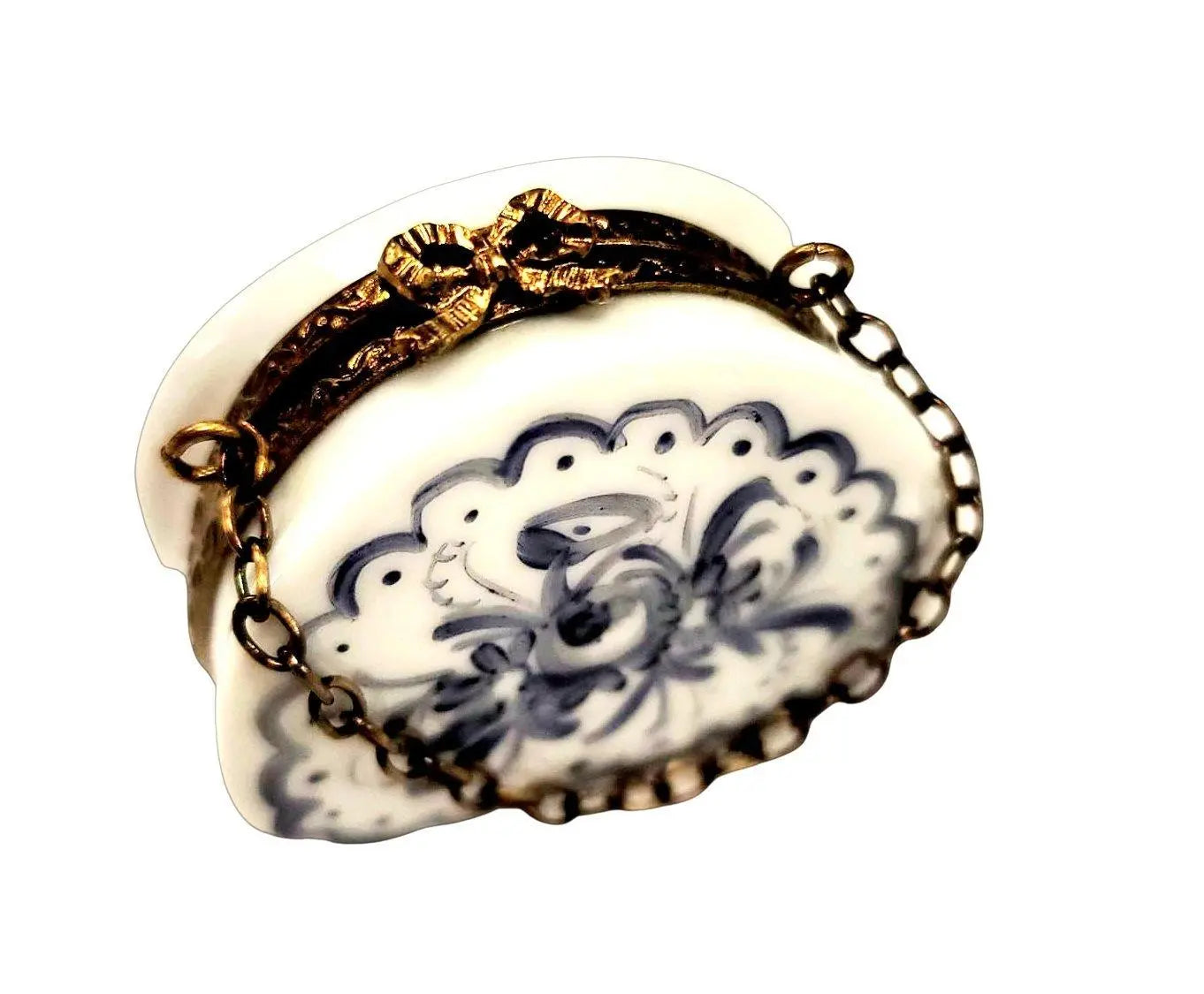 Blue Flowers Hand Painted Purse Porcelain Limoges purse trinket box French Trinket Box