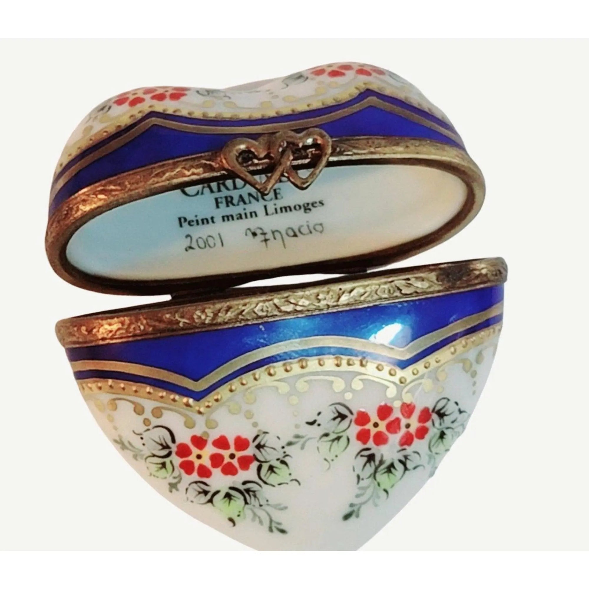 Blue Gold Heart Box with Red Flowers Porcelain Limoges HEART LIMOGES BOXES love French Trinket Box
