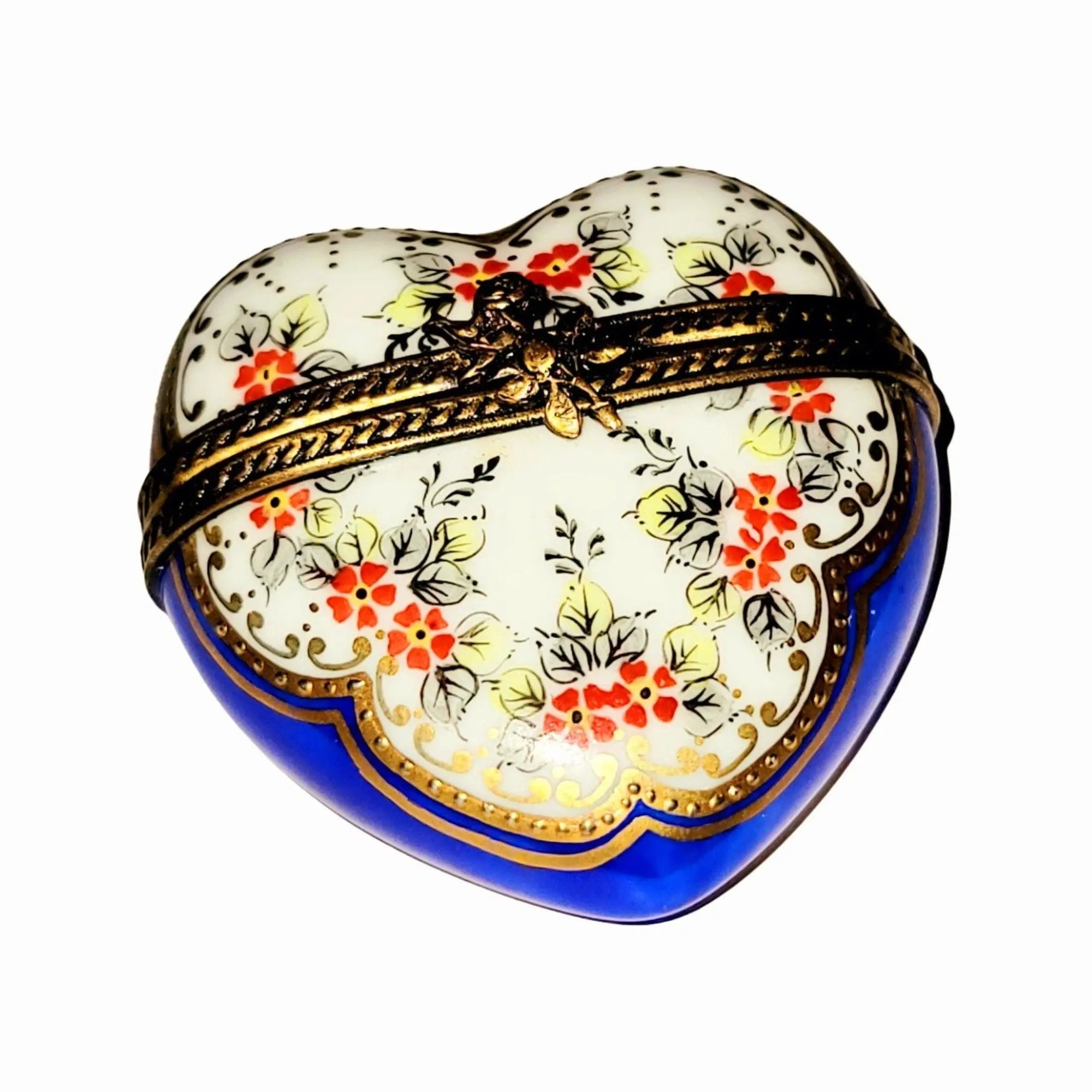Blue Gold Heart Box with Red Flowers Porcelain Limoges HEART LIMOGES BOXES love French Trinket Box