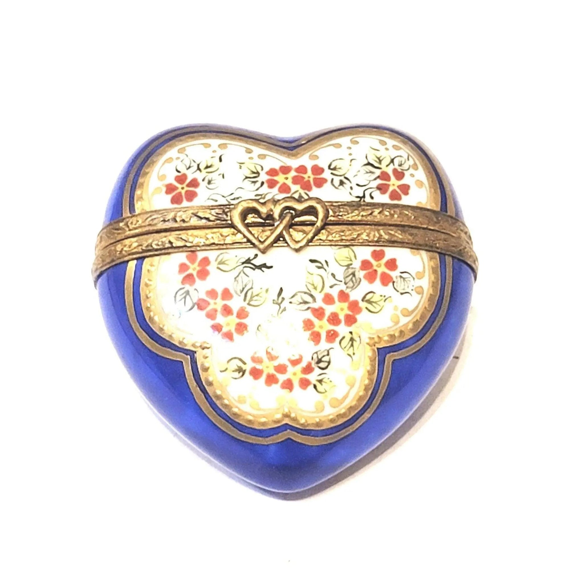 Blue Gold Heart Box with Red Flowers Porcelain Limoges HEART LIMOGES BOXES love French Trinket Box