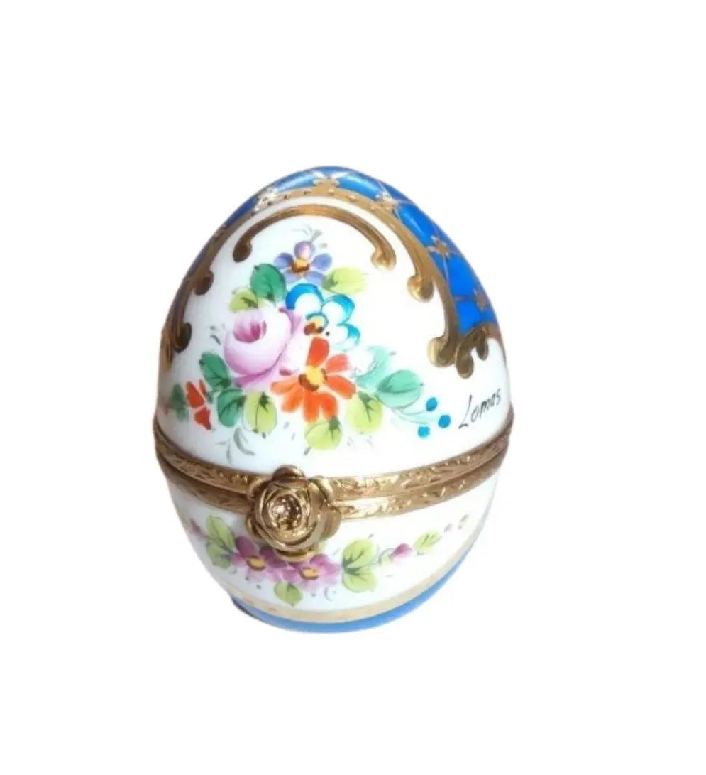 Blue Gold Perfume bottle 2.75" Egg Gold Encrustation Porcelain Limoges perfume egg French Trinket Box