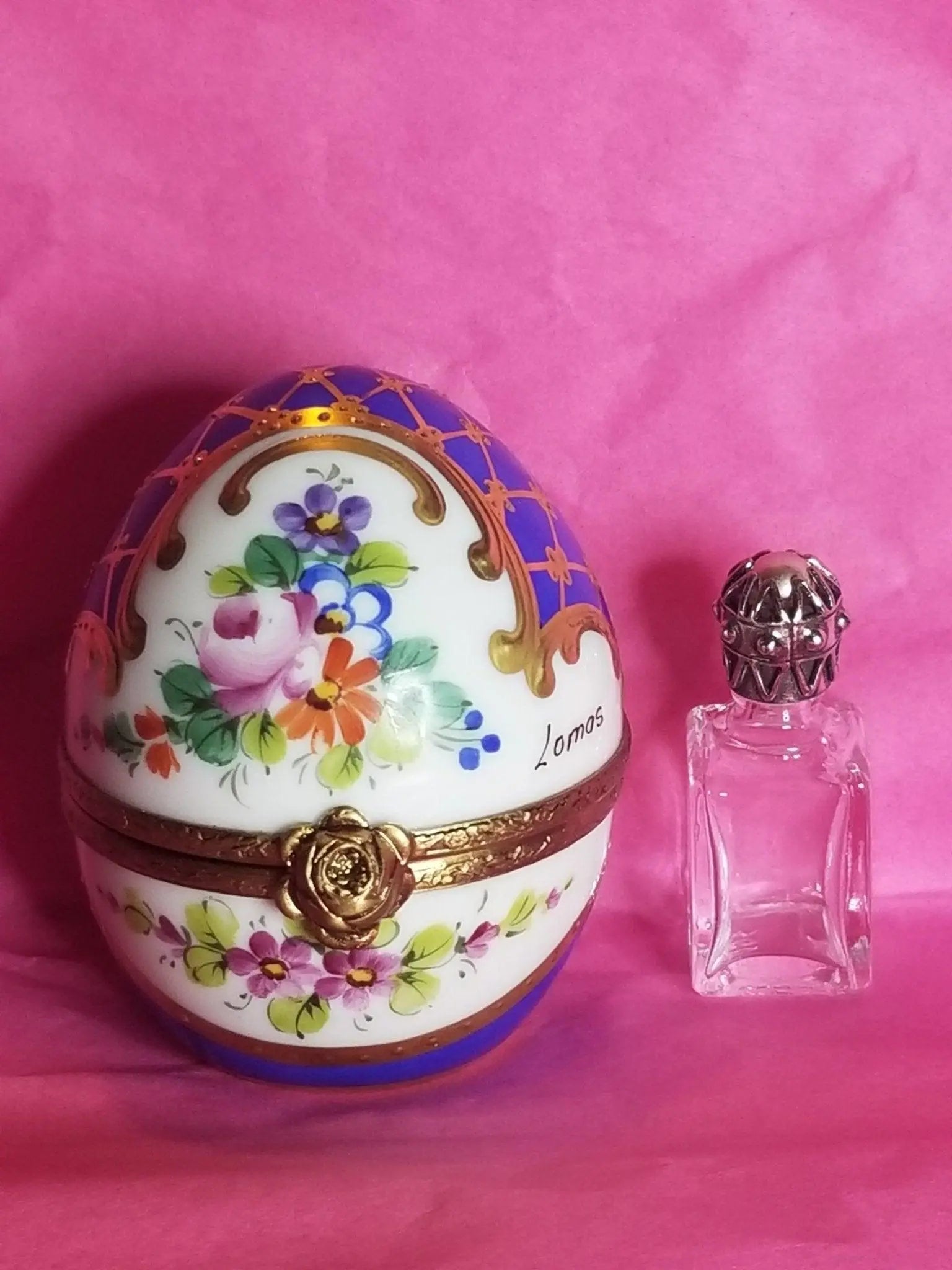 Blue Gold Perfume bottle 2.75" Egg Gold Encrustation Porcelain Limoges perfume egg French Trinket Box
