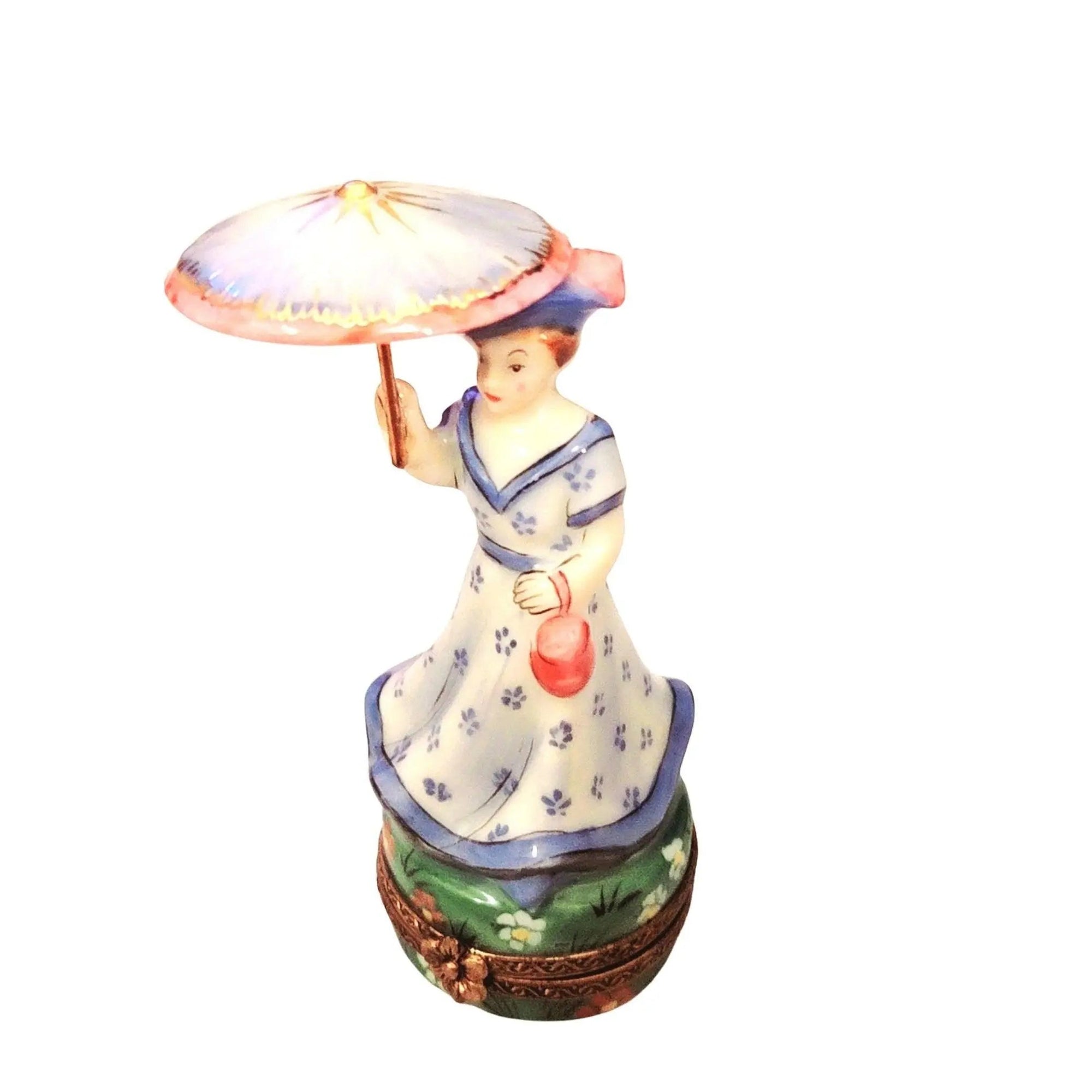 Blue Monet Woman Parasol Box Porcelain Limoges LIMOGES BOXES art women fashion hat dress French Trinket Box