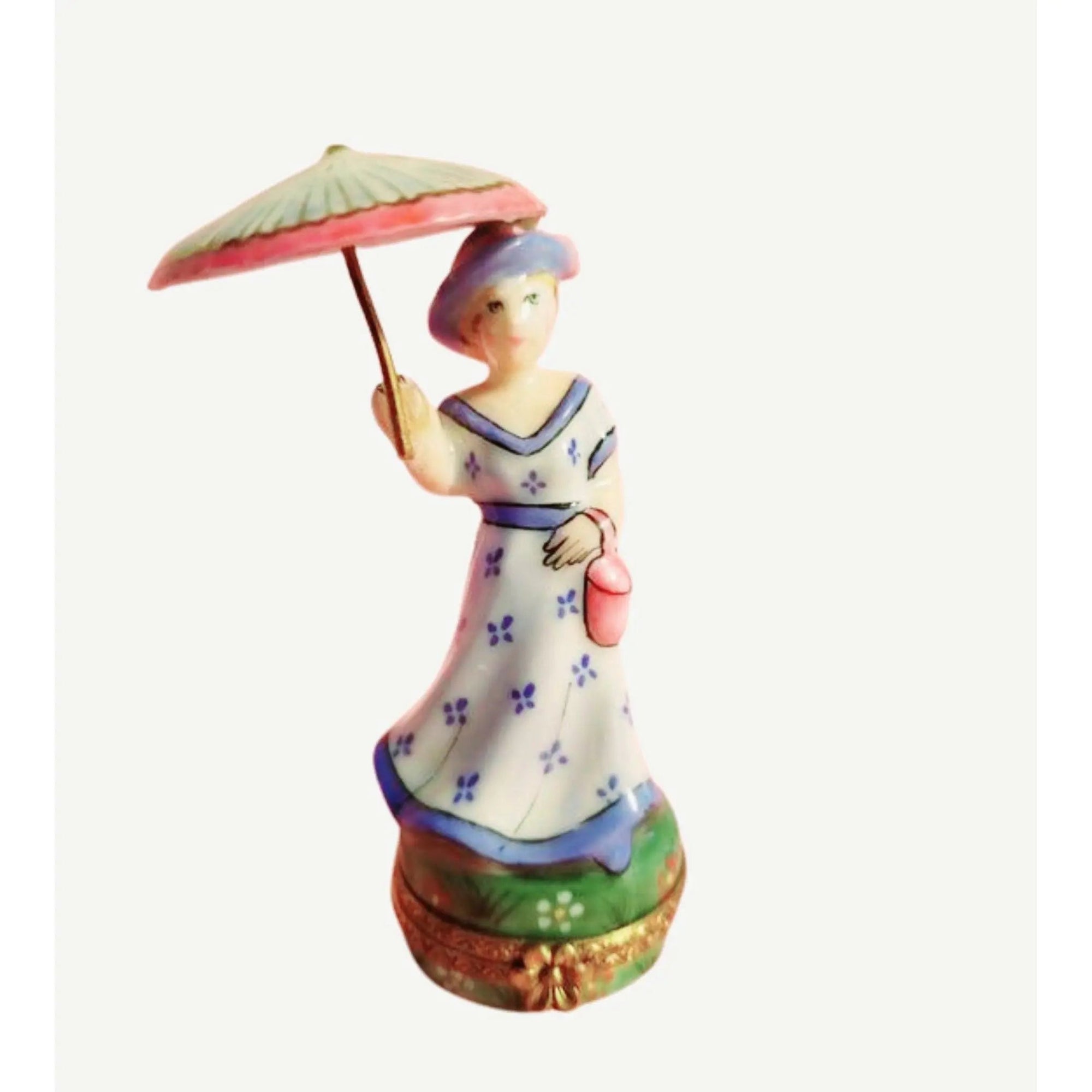 Blue Monet Woman Parasol Box Porcelain Limoges LIMOGES BOXES art women fashion hat dress French Trinket Box