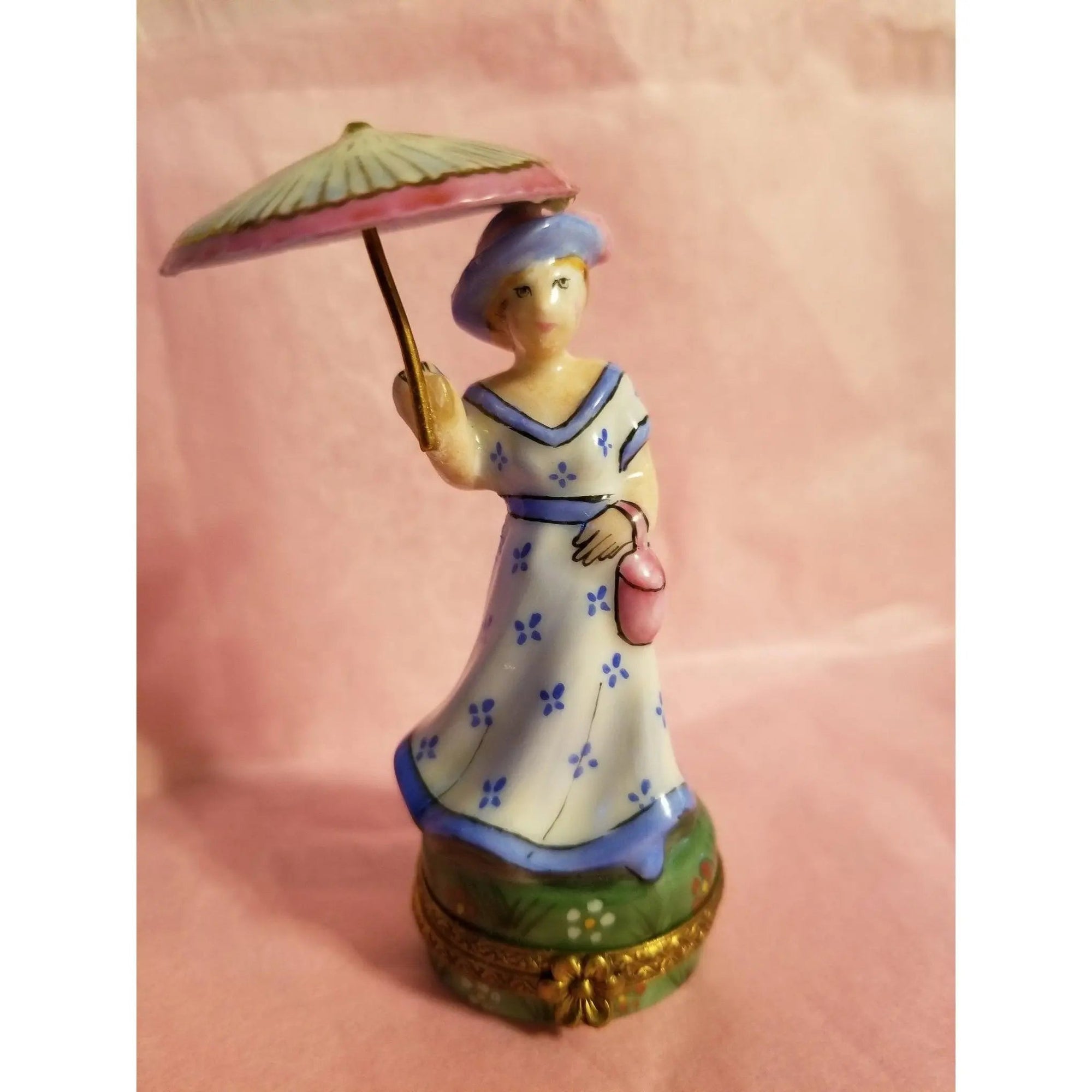 Blue Monet Woman Parasol Box Porcelain Limoges LIMOGES BOXES art women fashion hat dress French Trinket Box
